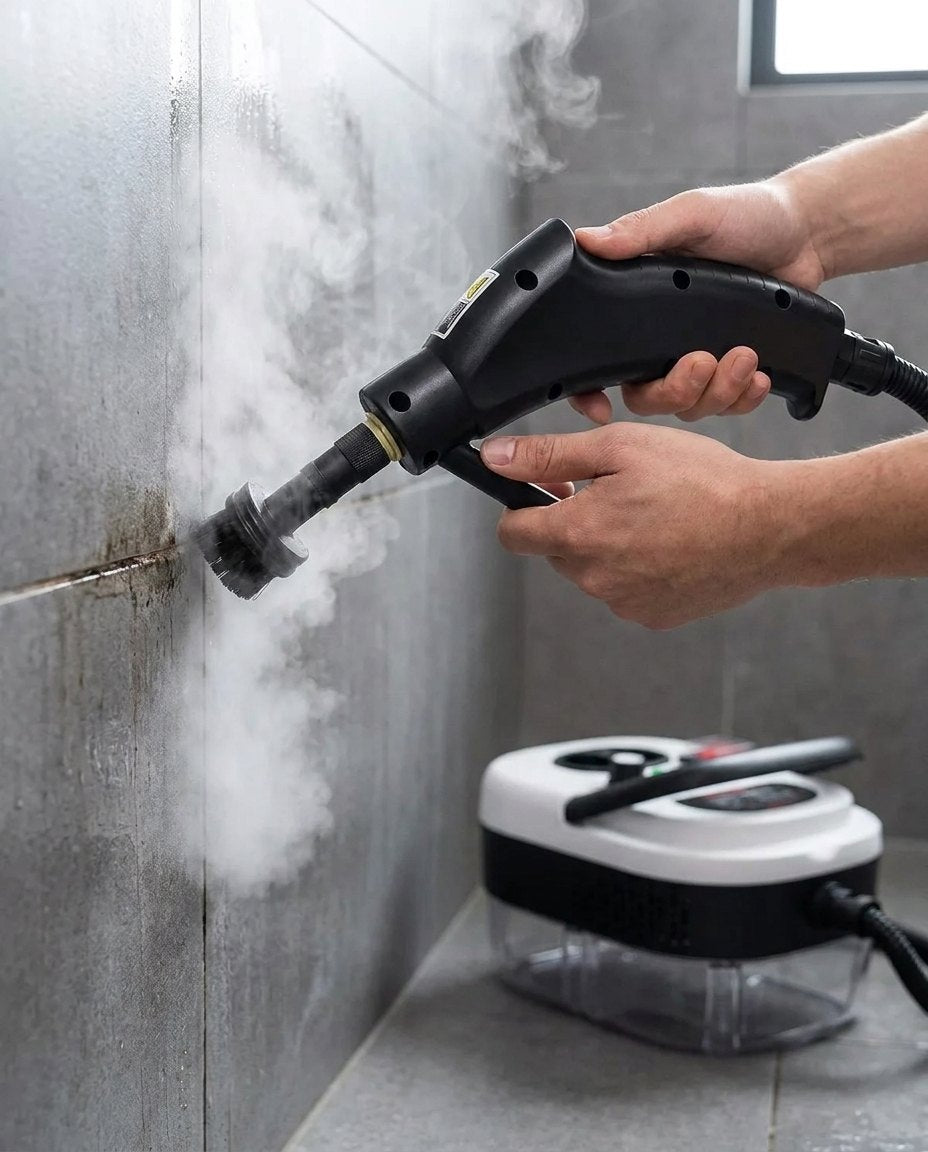 Cepillo de vapor limpiando las juntas oscuras entre los azulejos de la ducha