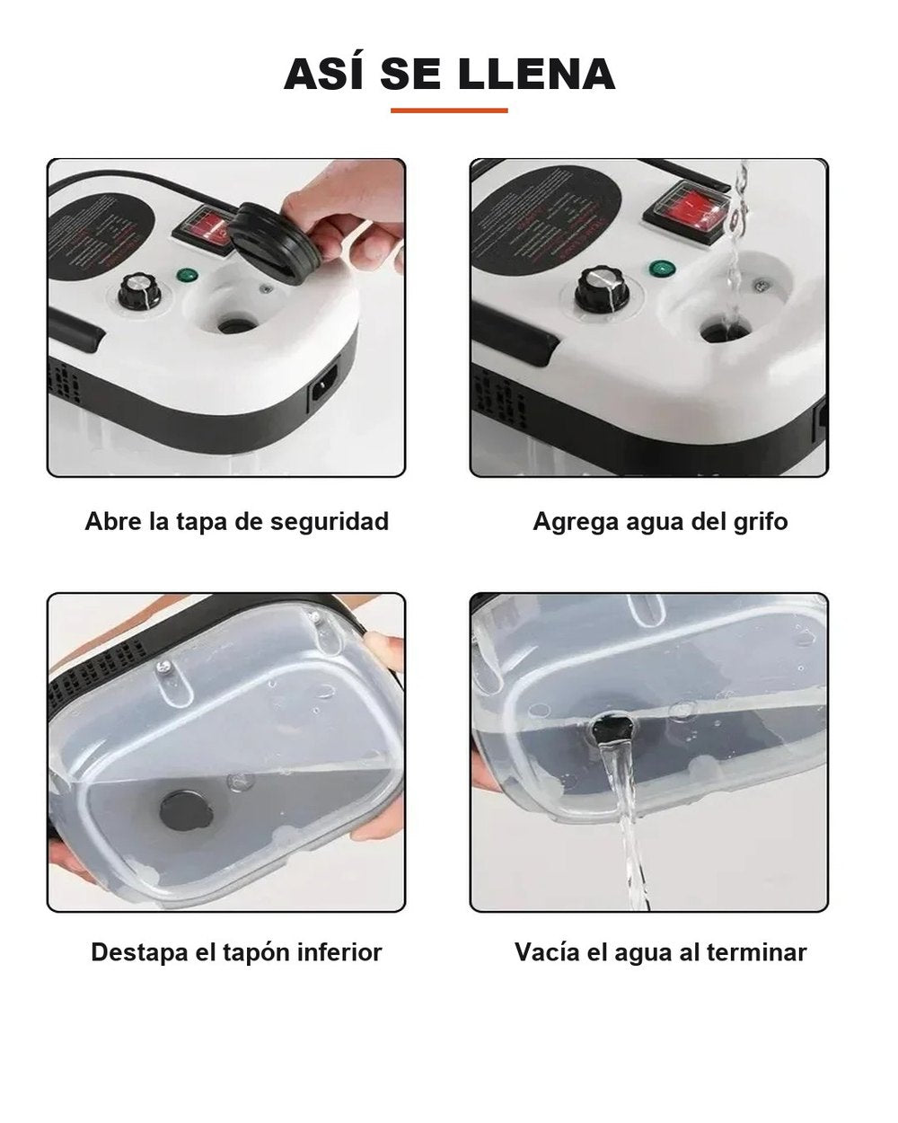 Cómo llenar y vaciar el tanque de agua de la limpiadora a vapor, paso a paso