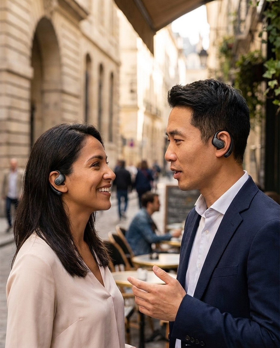 Dos personas conversando en la calle, cada una con un audífono traductor VOXA puesto
