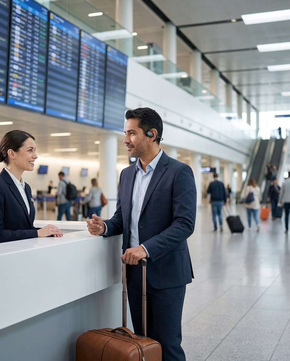 Hombre con maleta usando el audífono traductor VOXA mientras habla con una empleada en el aeropuerto
